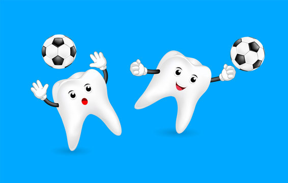 Cute cartoon tooth as goal keeper. Soccer ball, mascot character, sport concept. Illustration isolated on blue background.