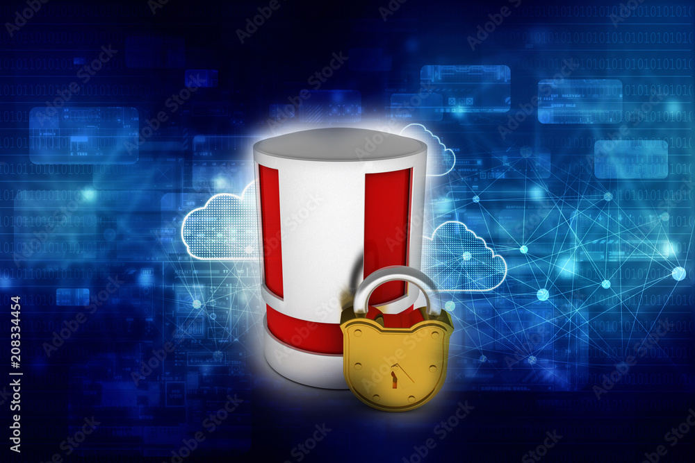 Poster 3d illustration database storage security concept. disk with lock