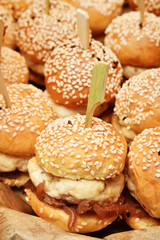 Mini chicken burgers  in buffet corner  