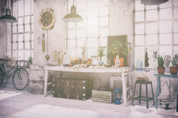 Skandinavische, nordische Künstlerwerkstatt, Hobbyraum, Werkstatt - Retro Look