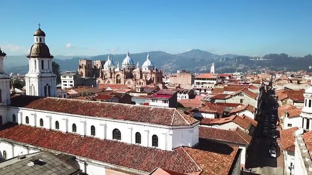 panorama of  Cuenca city at sunset Ecuador with drone