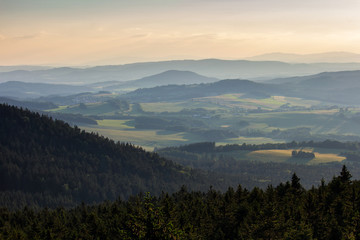 Amazing view from kravi mountains to hill on sunset, Czech landscape