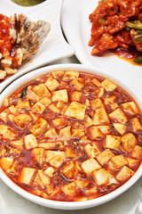 Mapo Tofu - Tofu and minced pork cooked with chili bean 
