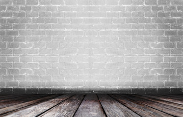 brick wall texture with wooden floor perspective for grunge empty room background concept.