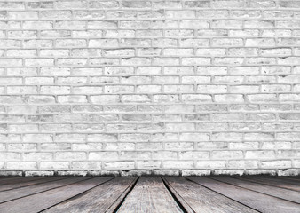brick wall texture with wooden floor perspective for grunge empty room background concept.