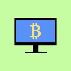Computer desktop with bitcoin sign, flat style