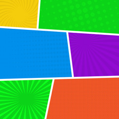 Colorful comic book page background in pop art style. Empty template with rays and dots pattern. Vector illustration
