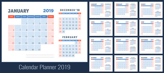 2019 calendar planning. Planner. Blue color template. Week starts on Sunday