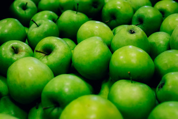 Harvest of green apples ripe