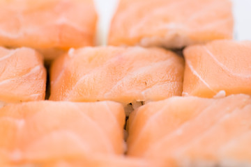 Sushi set and composition at white background. Japanese food restaurant, sushi maki gunkan roll plate or platter set.