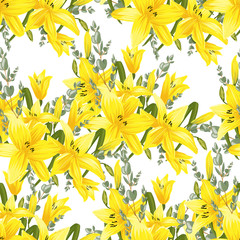 Seamless flower garder liliya pattern. Botany flora decoration. Vector drawing.