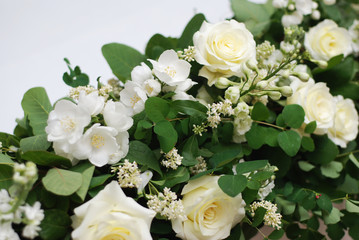 Beautiful White and Green Flower Decoration Arrangement on Wedding Table Golden Support . Wedding Bridal Flower Decoration.