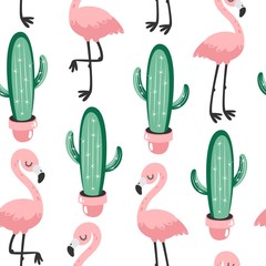 Materiał do szycia Tropical seamless pattern with flamingos and cactuses. Vector illustration.