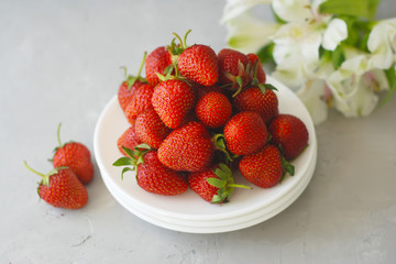 Juicy Fresh Strawberries White Plates Textured Cement Background Summer Fruit Vitamine Fresh Organic diet