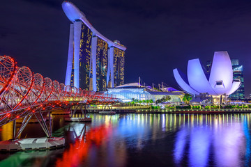 Singapore cityscape, Southeast Asia. Marina bay buildings and skyscrapers of downtown reflected in...