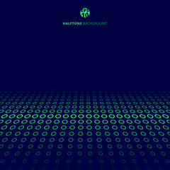Abstract technology halftone green border circles perspective on blue background with copy space.