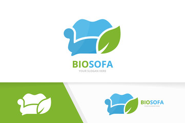 Vector sofa and leaf logo combination. Couch and eco symbol or icon. Unique armchair and organic logotype design template.
