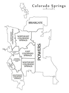 Modern City Map - Colorado Springs CO city of the USA with neighborhoods and titles outline map