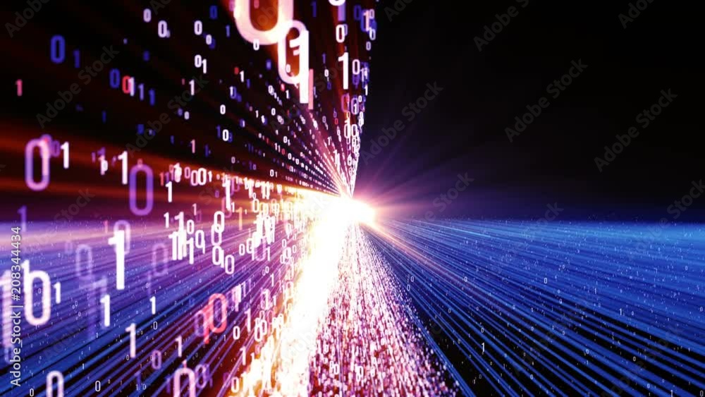 Poster Binary background/Color bytes of binary code flying through a vortex, background code depth of field and flares. Data transmission channel. Motion of digital data flow. Transferring of big data