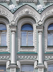The carved decor of the windows of the apartment house of the Trinity Monastery. It was built...