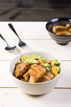 soy pork belly with saut&eacute;ed bitter melon in egg