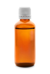 Bottle of citrus essential oil on white background