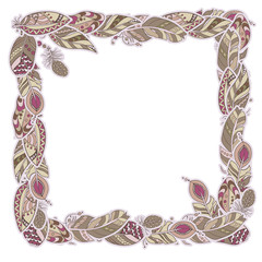 Square decor element in a shape of a frame in vector graphic with feathers in tribal ornamental style