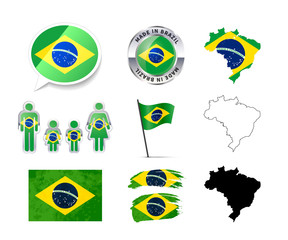 Large set of Brazil infographics elements with flags, maps and badges on white