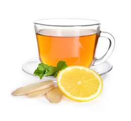 Cup of delicious tea with mint, ginger and lemon on white background