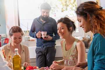 Multi-ethnic group of friends cooking lunch in the kitchen. 