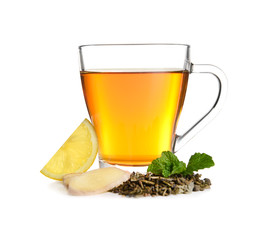 Cup of delicious tea with mint, ginger and lemon on white background