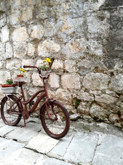 flowers on a Bicycle in a long alley of the old town