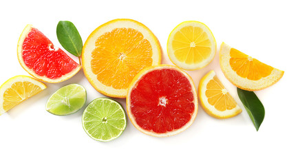 Slices of fresh citrus fruits on white background - obrazy, fototapety, plakaty