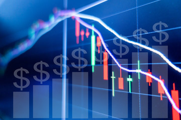 Stock market graph and candlestick chart for financial investment concept.