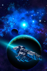 Plakat spaceship flying near a blue planet with atmosphere and a moon, in the background a nebula with bright stars