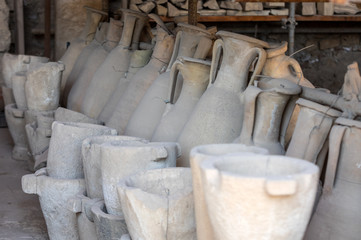 Vessels, pots and a variety of artifacts surviving eruption of Vesuvius in Pompeii  have been excavated and catalogued .Pompei, Italy