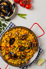Traditional paella with mussels.