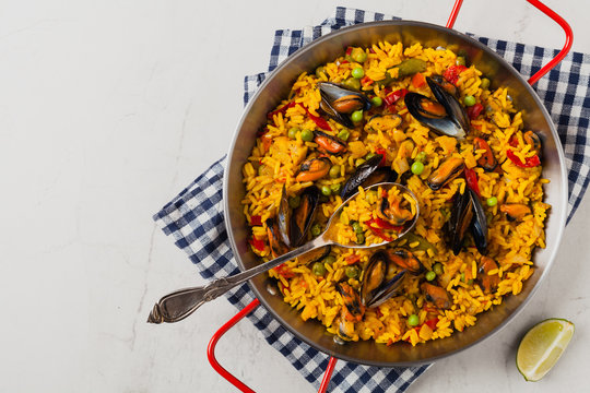 Traditional paella with mussels.