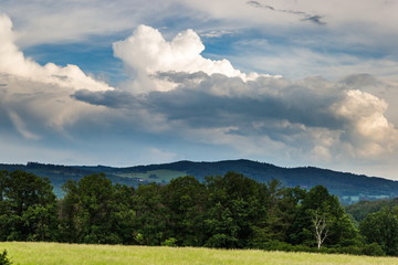 Rural landscape and the evening cloudy sky