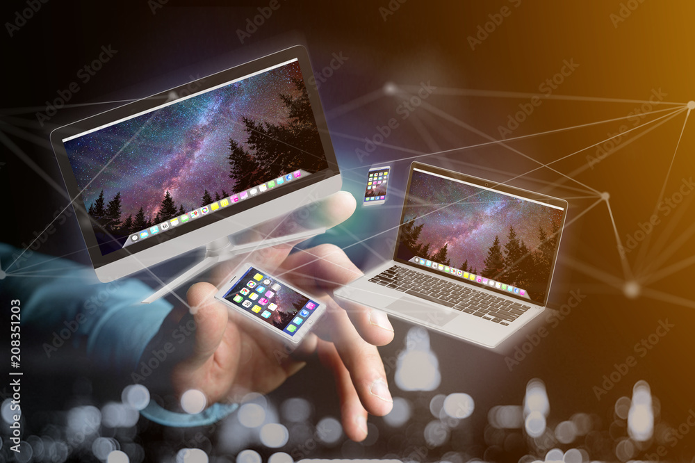 Poster devices like smartphone, tablet or computer flying over connection network - 3d render