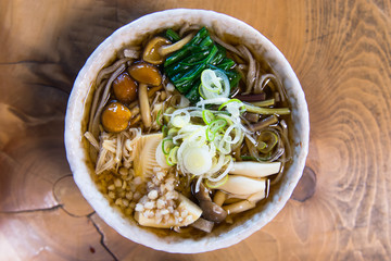 wild mushroom with mountain bamboo shoots soba
