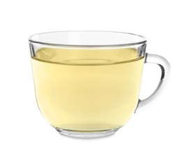 Glass cup of hot tea on white background