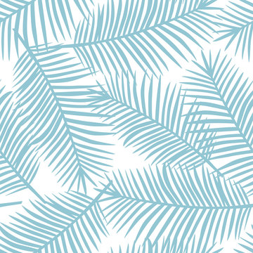 light blue palm leaves on a white background exotic tropical hawaii pastel seamless pattern vector
