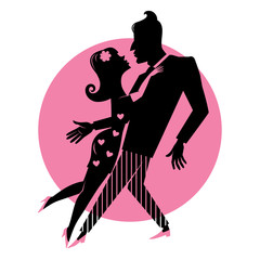 Tango_black/Man and woman are dancing tango. Silhouette of a dancing couple on a pink background.