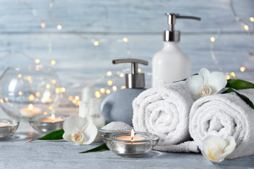 Set for spa treatment on wooden table