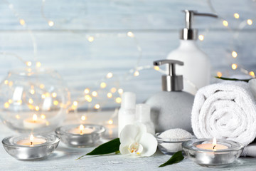 Set for spa treatment on wooden table