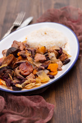 typical portuguese dish feijoada transmontana on white plate