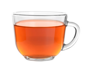 Glass cup of hot tea on white background