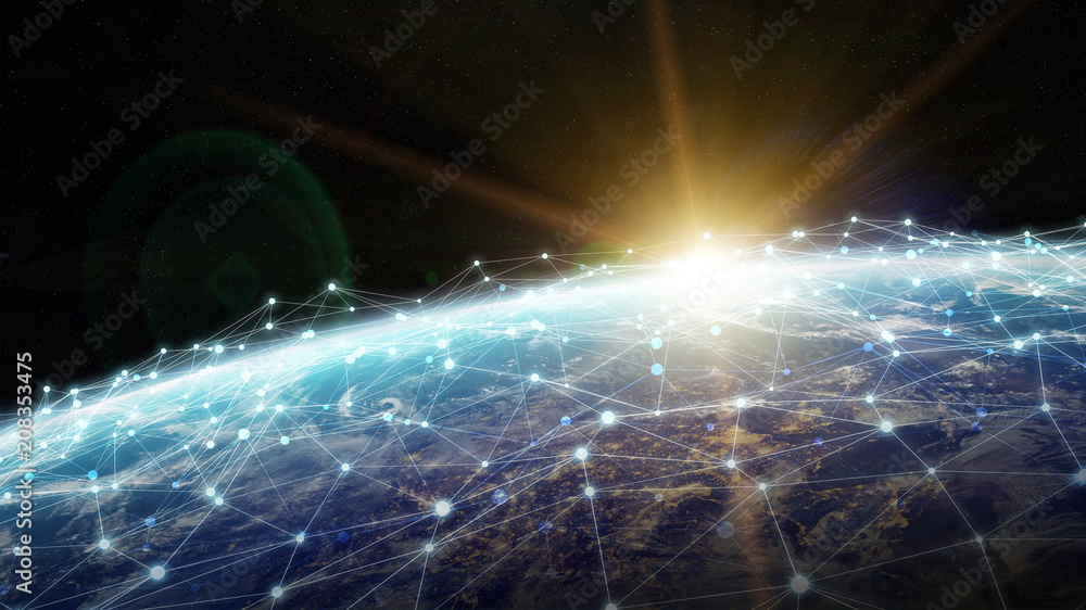 Poster Connections system and datas exchanges on planet Earth 3D rendering