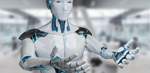 White male cyborg opening his two hands on spaceship background 3D rendering